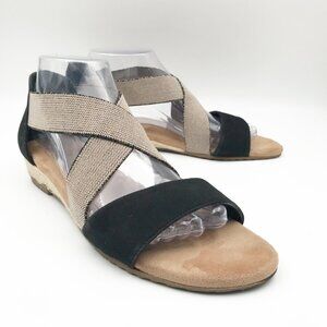 IMPO Roley Stretch Low Wedge Black Strappy Tan Sandal Women 8.5